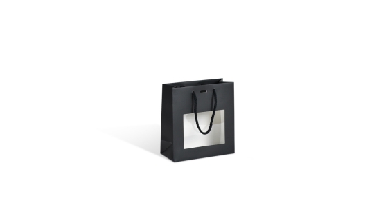 Sacs tendance MAT à fenêtre poignées cordelettes 18 x 8 x 19 cm noirs - Sacs papier luxe